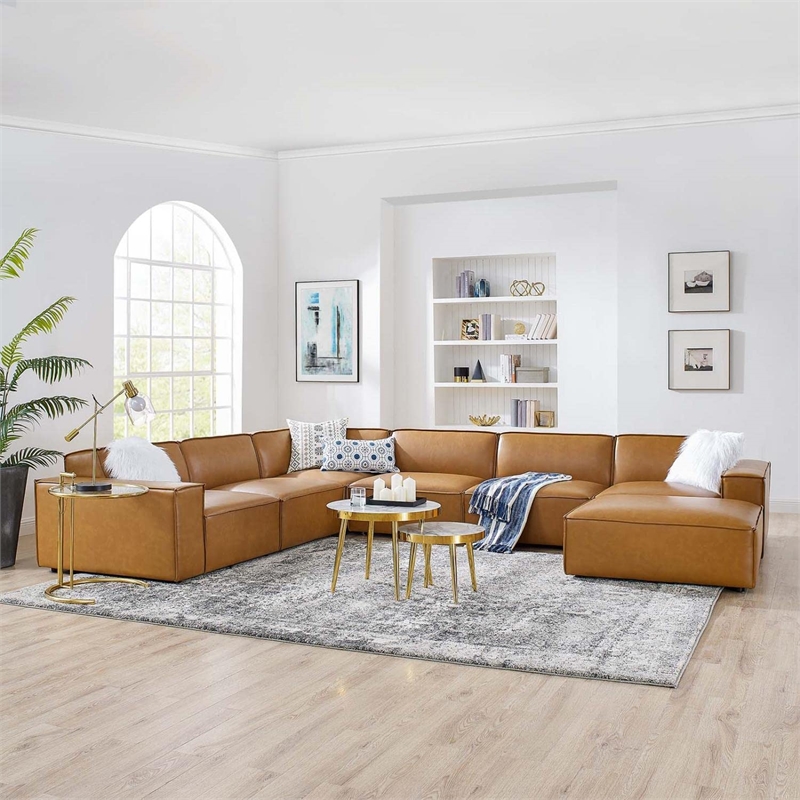 Modway Restore 7-Piece Faux Leather Upholstered Sectional Sofa in Tan