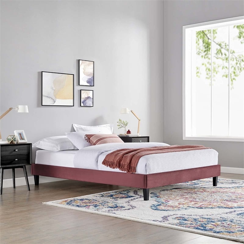 Modway Reign Queen Performance Velvet Platform Bed Frame in Dusty Rose
