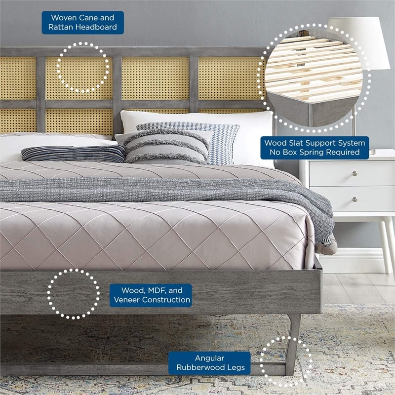 Modway Sidney Cane Rattan and Wood Queen Platform Bed with Angular Legs in Gray