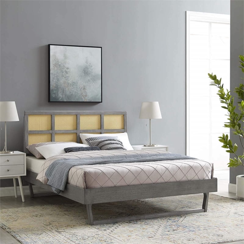 Modway Sidney Cane Rattan and Wood Queen Platform Bed with Angular Legs in Gray