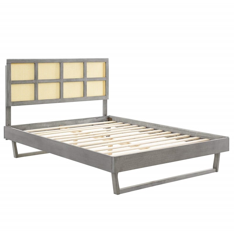 Modway Sidney Cane Rattan and Wood Queen Platform Bed with Angular Legs in Gray
