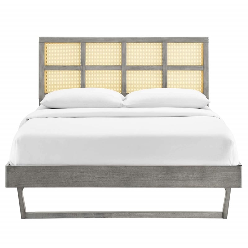 Modway Sidney Cane Rattan and Wood Queen Platform Bed with Angular Legs in Gray