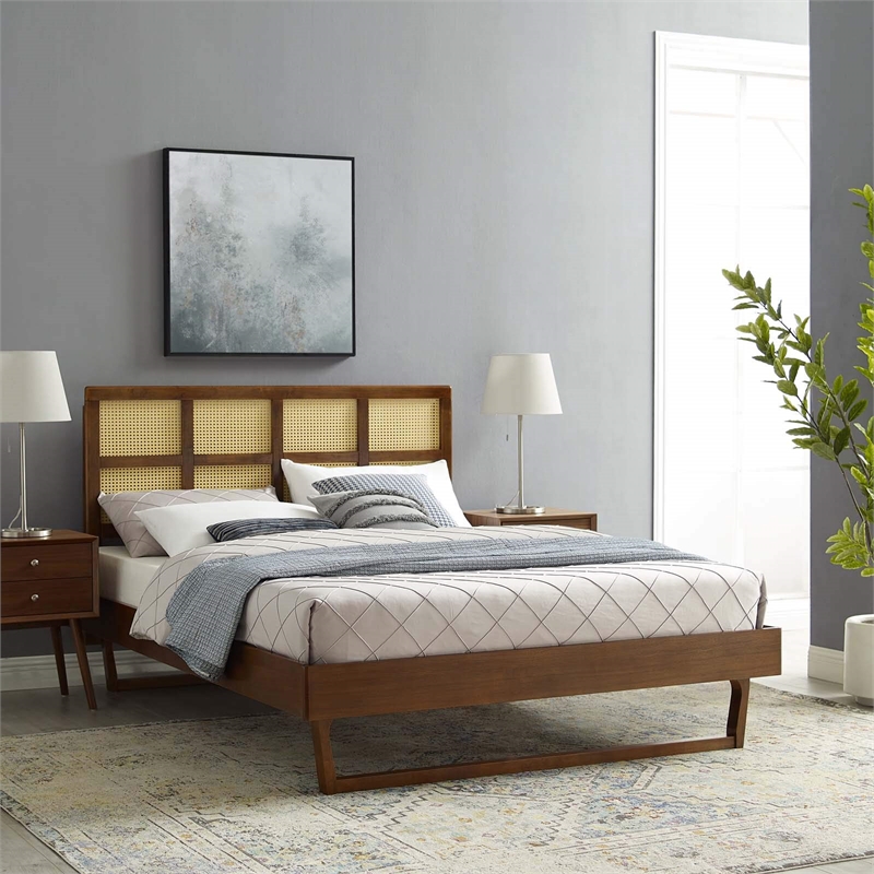 Modway Sidney Cane Rattan and Wood Queen Platform Bed with Angular Legs - Walnut