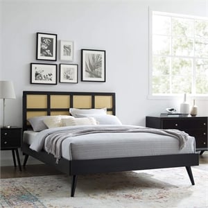 Modway Sidney Cane Rattan and Wood Queen Platform Bed with Splayed Legs in Black