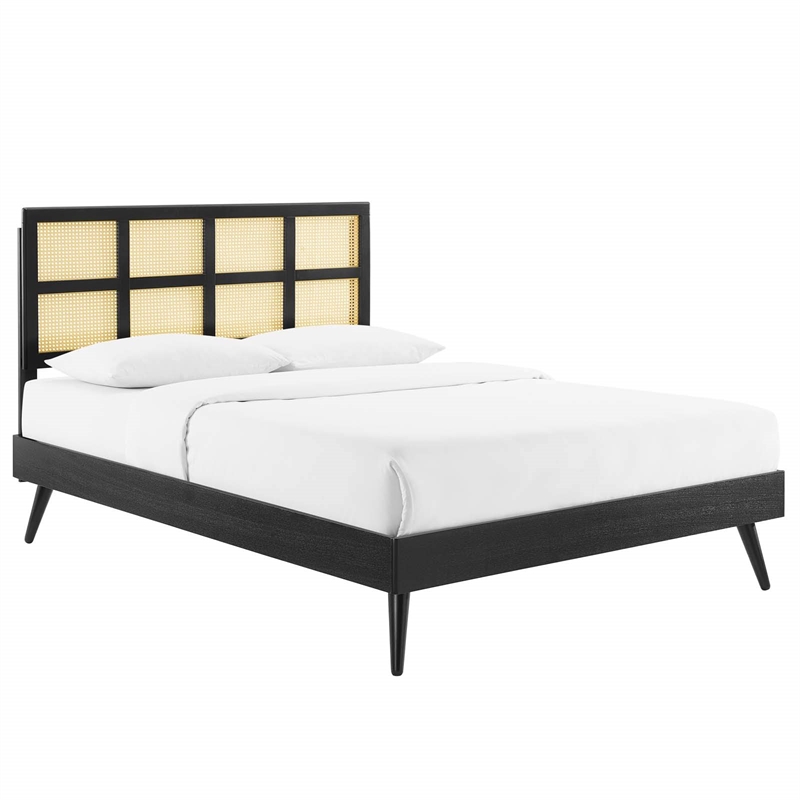 Modway Sidney Cane Rattan and Wood Queen Platform Bed with Splayed Legs in Black