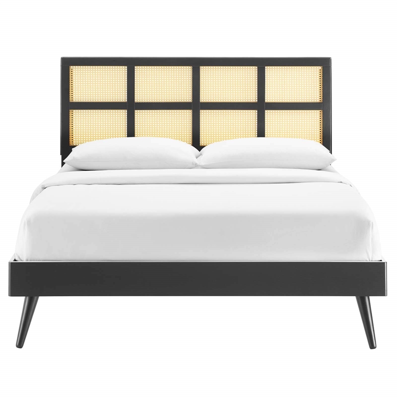 Modway Sidney Cane Rattan and Wood Queen Platform Bed with Splayed Legs in Black
