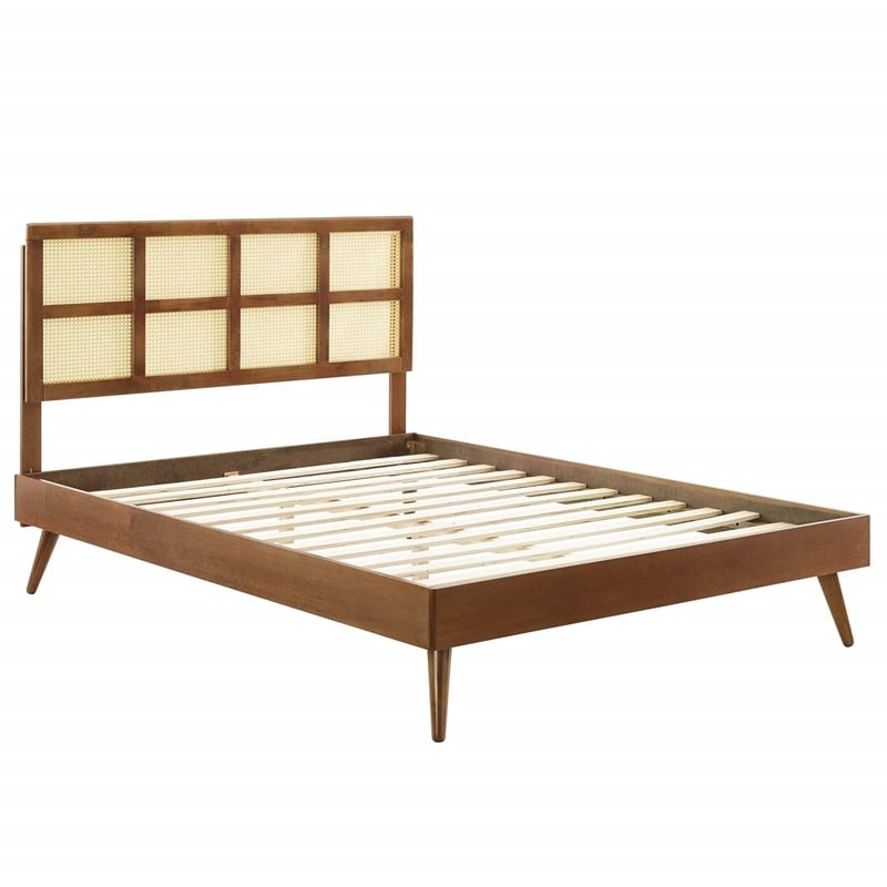 Modway Sidney Cane Rattan and Wood Queen Platform Bed with Splayed Legs - Walnut