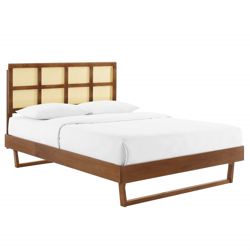 Modway Sidney Cane Rattan and Wood Full Platform Bed with Angular Legs in Walnut