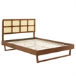 Modway Sidney Cane Rattan and Wood Full Platform Bed with Angular Legs in Walnut