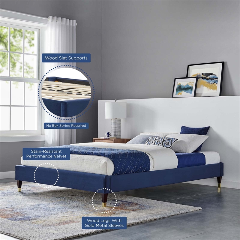 Modway Harlow Queen Performance Velvet Platform Bed Frame in Navy