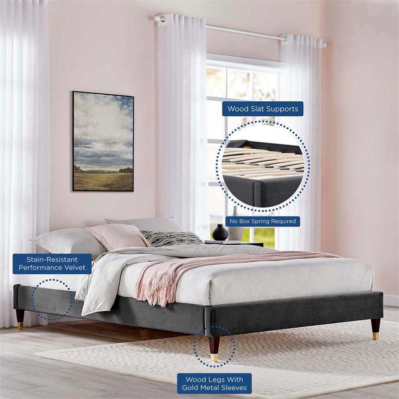 Modway Harlow King Performance Velvet Platform Bed Frame in Charcoal