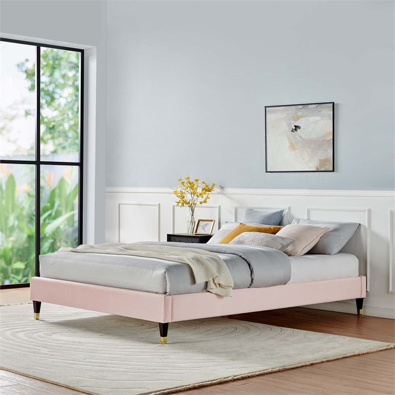 Modway Harlow King Performance Velvet Platform Bed Frame in Pink
