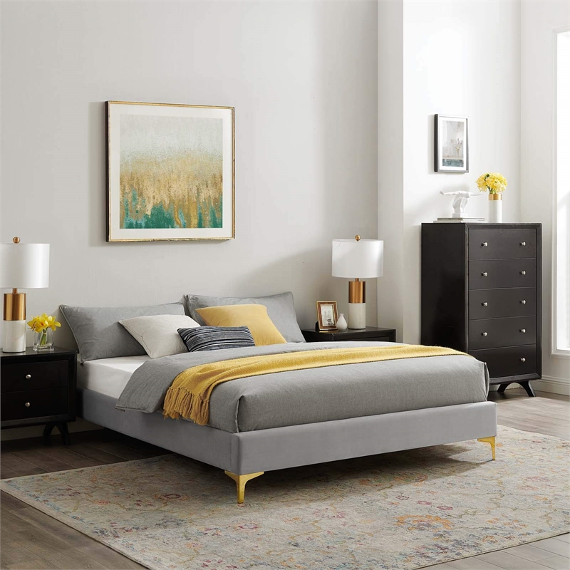 Modway Sutton Full Modern Performance Velvet Bed Frame in Light Gray