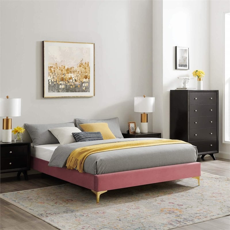 Modway Sutton King Modern Performance Velvet Bed Frame in Dusty Rose