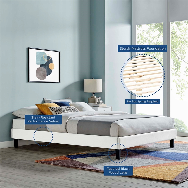Modway Reign Twin Performance Velvet Platform Bed Frame in White