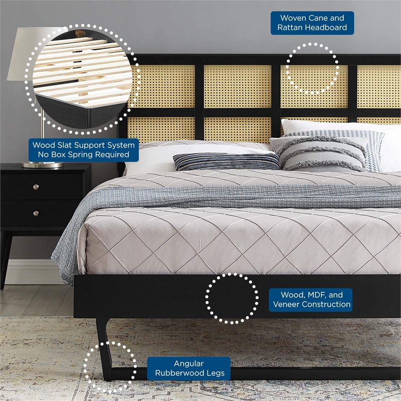 Modway Sidney Cane Rattan and Wood Queen Platform Bed with Angular Legs in Black