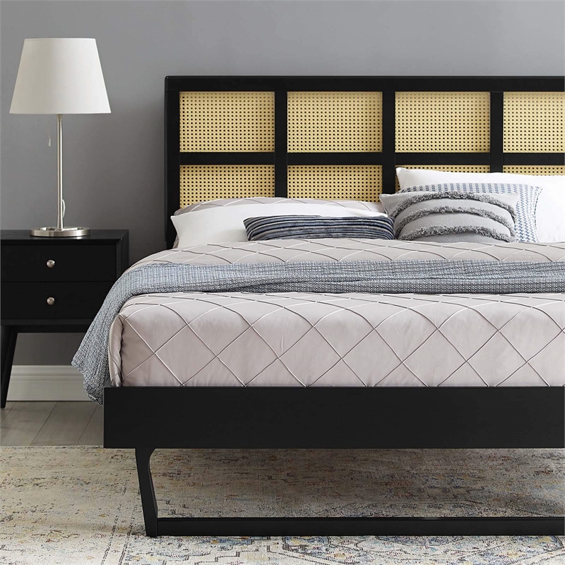 Modway Sidney Cane Rattan and Wood Queen Platform Bed with Angular Legs in Black