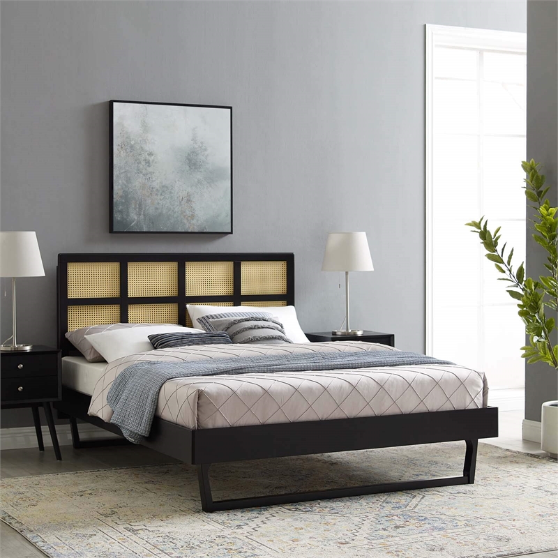 Modway Sidney Cane Rattan and Wood Queen Platform Bed with Angular Legs in Black