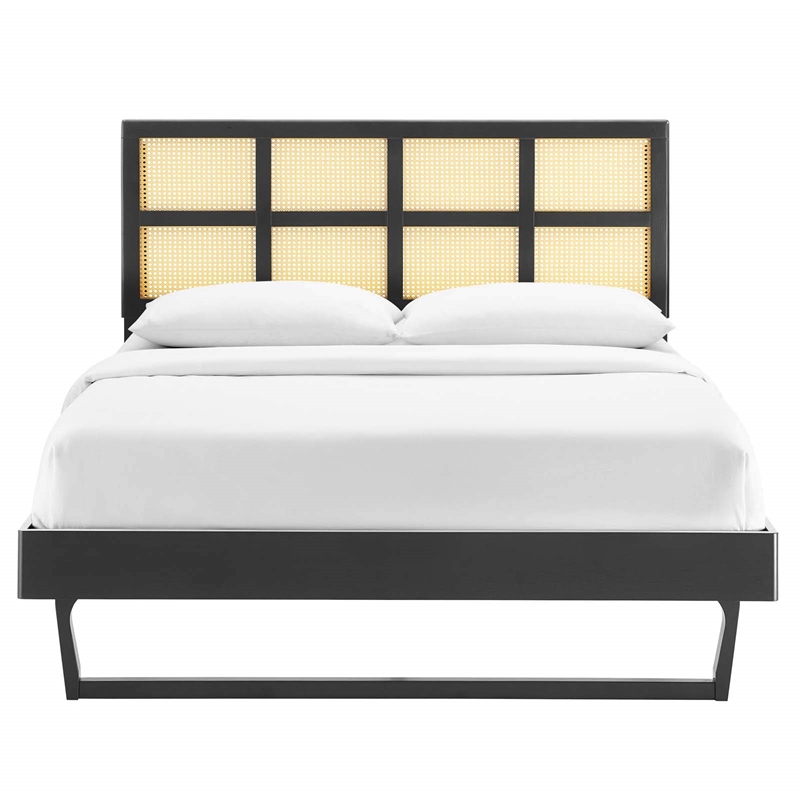 Modway Sidney Cane Rattan and Wood Queen Platform Bed with Angular Legs in Black