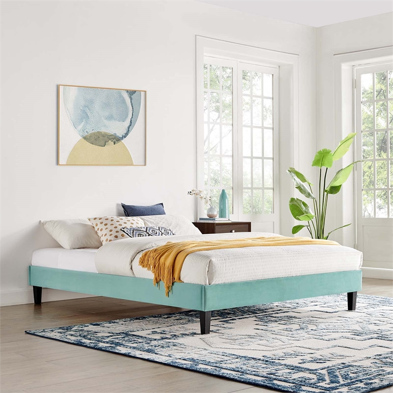 Modway Reign Queen Performance Velvet Platform Bed Frame in Mint Green