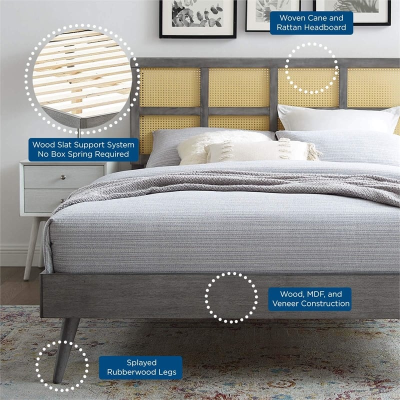 Modway Sidney Cane Rattan and Wood Full Platform Bed with Splayed Legs in Gray
