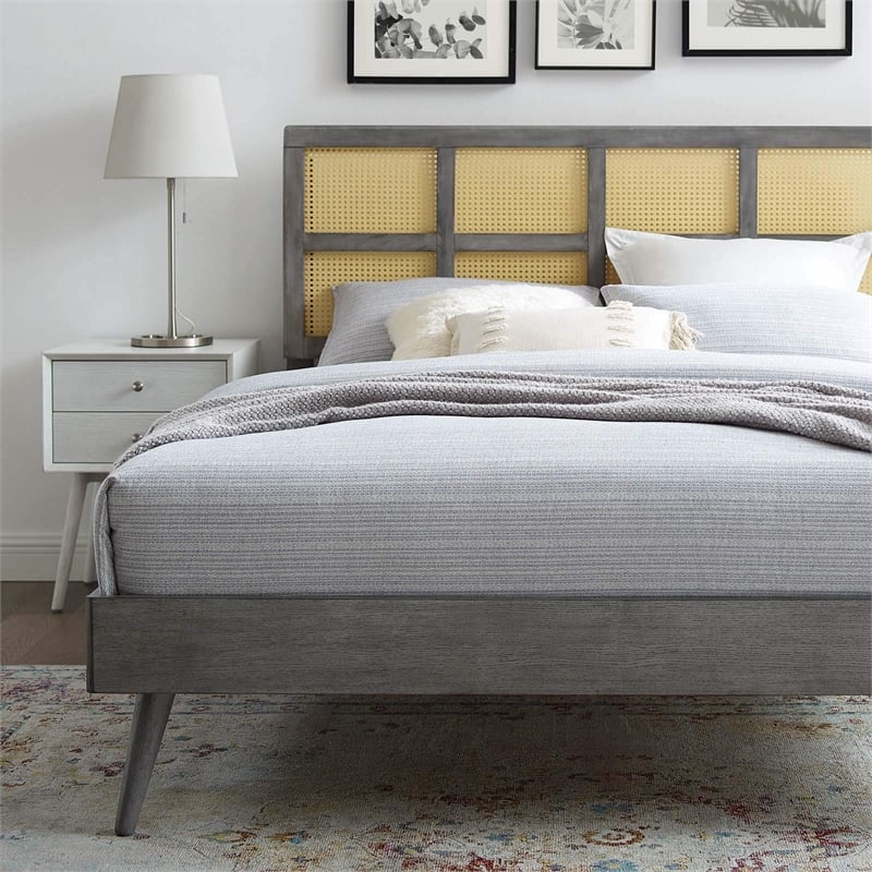 Modway Sidney Cane Rattan and Wood Full Platform Bed with Splayed Legs in Gray