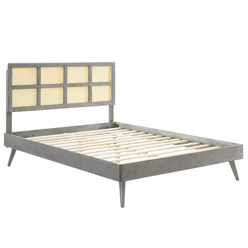 Modway Sidney Cane Rattan and Wood Full Platform Bed with Splayed Legs in Gray