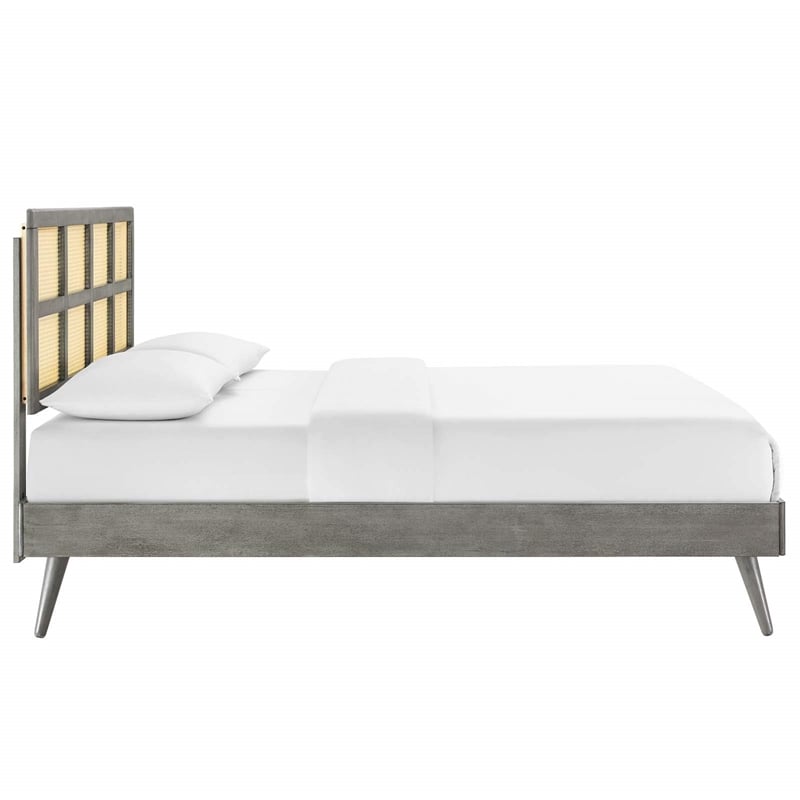 Modway Sidney Cane Rattan and Wood Full Platform Bed with Splayed Legs in Gray