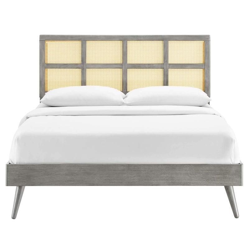 Modway Sidney Cane Rattan and Wood Full Platform Bed with Splayed Legs in Gray