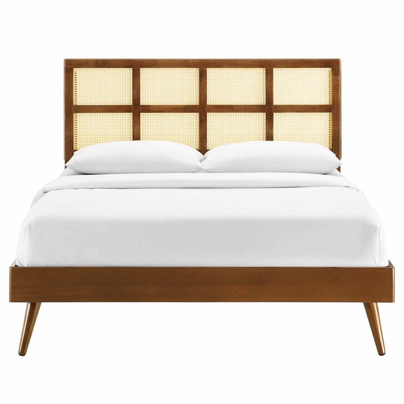 Modway Sidney Cane Rattan and Wood Full Platform Bed with Splayed Legs in Walnut