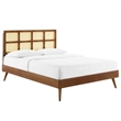 Modway Sidney Cane Rattan and Wood Full Platform Bed with Splayed Legs in Walnut