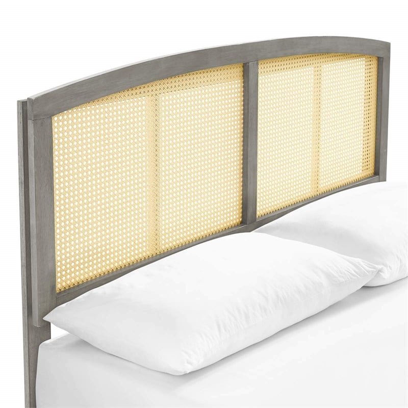 Modway Sierra Cane Rattan and Wood Queen Platform Bed with Angular Legs in Gray