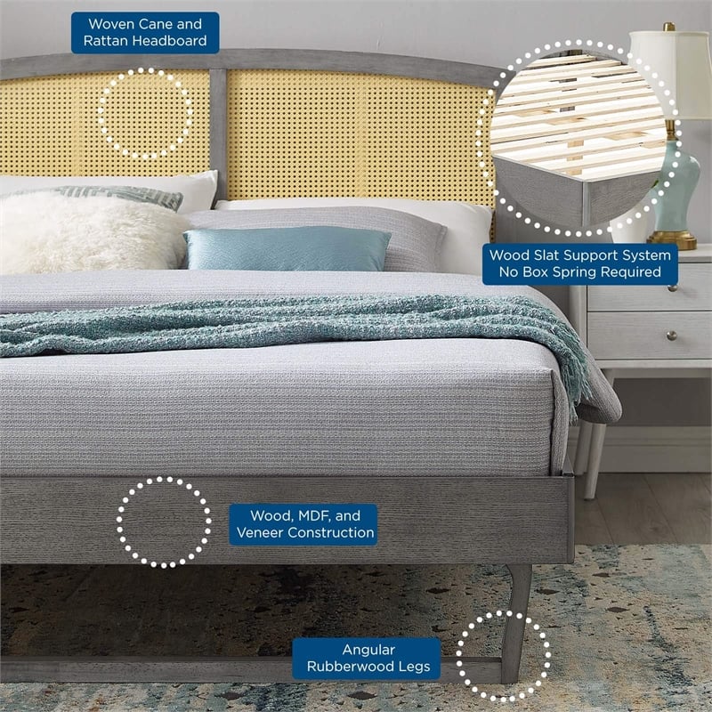 Modway Sierra Cane Rattan and Wood Queen Platform Bed with Angular Legs in Gray