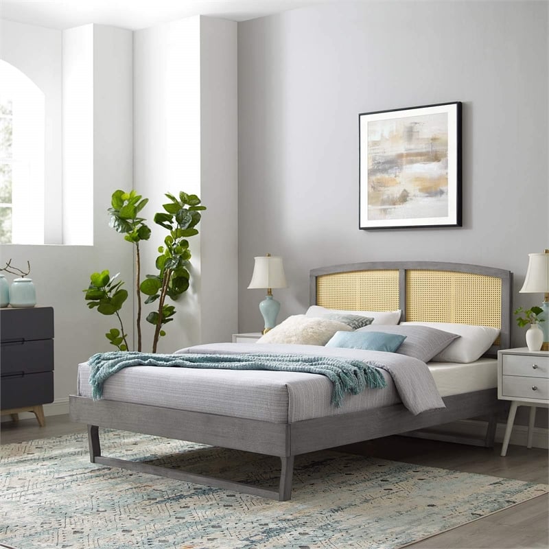 Modway Sierra Cane Rattan and Wood Queen Platform Bed with Angular Legs in Gray