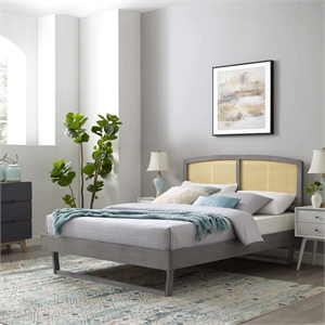 Modway Sierra Cane Rattan and Wood Queen Platform Bed with Angular Legs in Gray