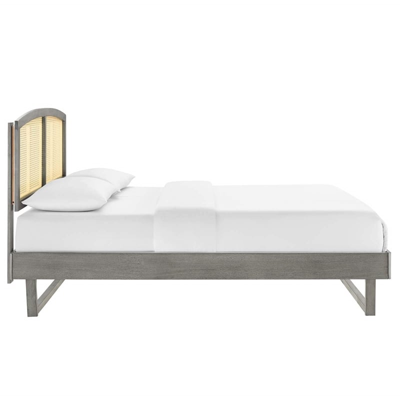Modway Sierra Cane Rattan and Wood Queen Platform Bed with Angular Legs in Gray