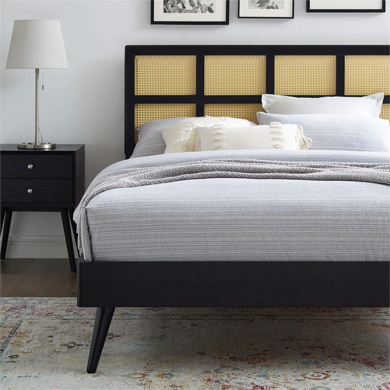 Modway Sidney Cane Rattan and Wood King Platform Bed with Splayed Legs in Black