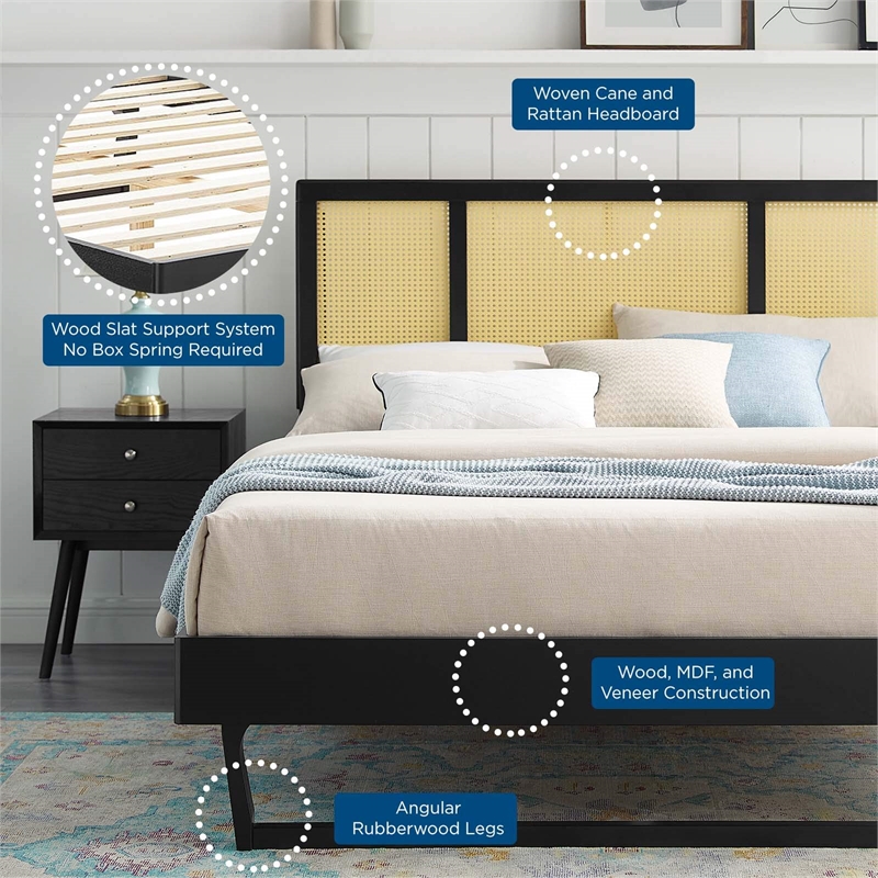 Modway Kelsea Cane Rattan and Wood Full Platform Bed with Angular Legs in Black