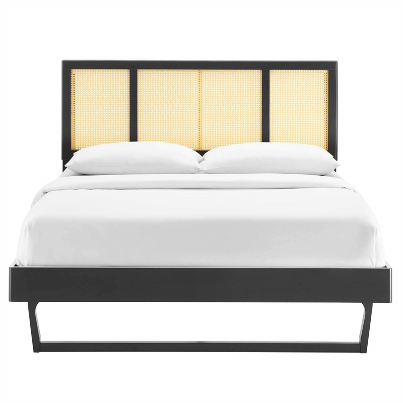 Modway Kelsea Cane Rattan and Wood Full Platform Bed with Angular Legs in Black