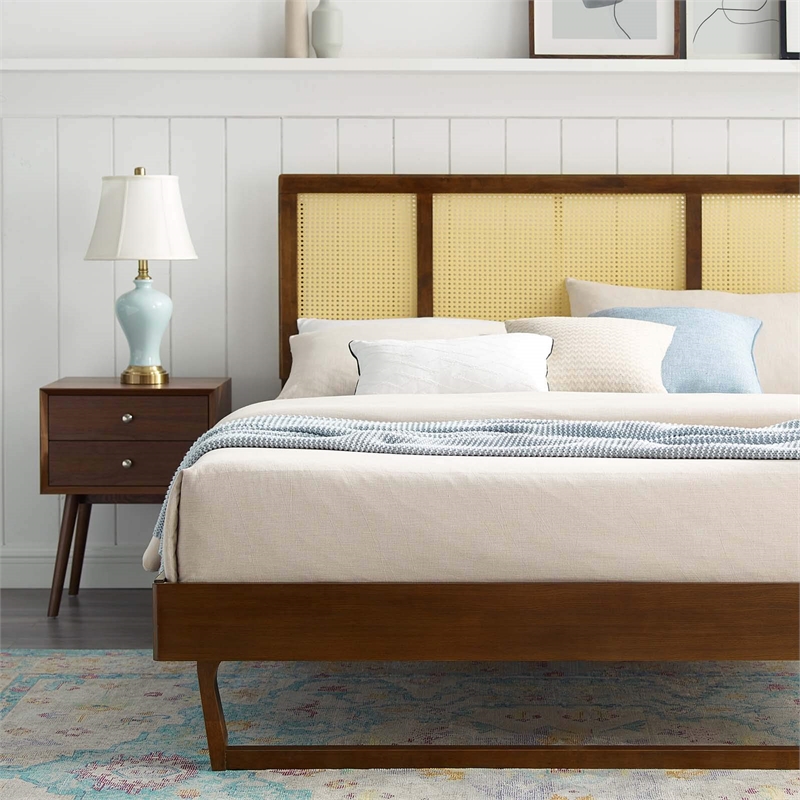 Modway Kelsea Cane Rattan and Wood Full Platform Bed with Angular Legs in Walnut