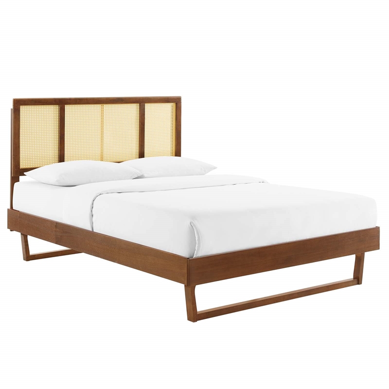 Modway Kelsea Cane Rattan and Wood Full Platform Bed with Angular Legs in Walnut