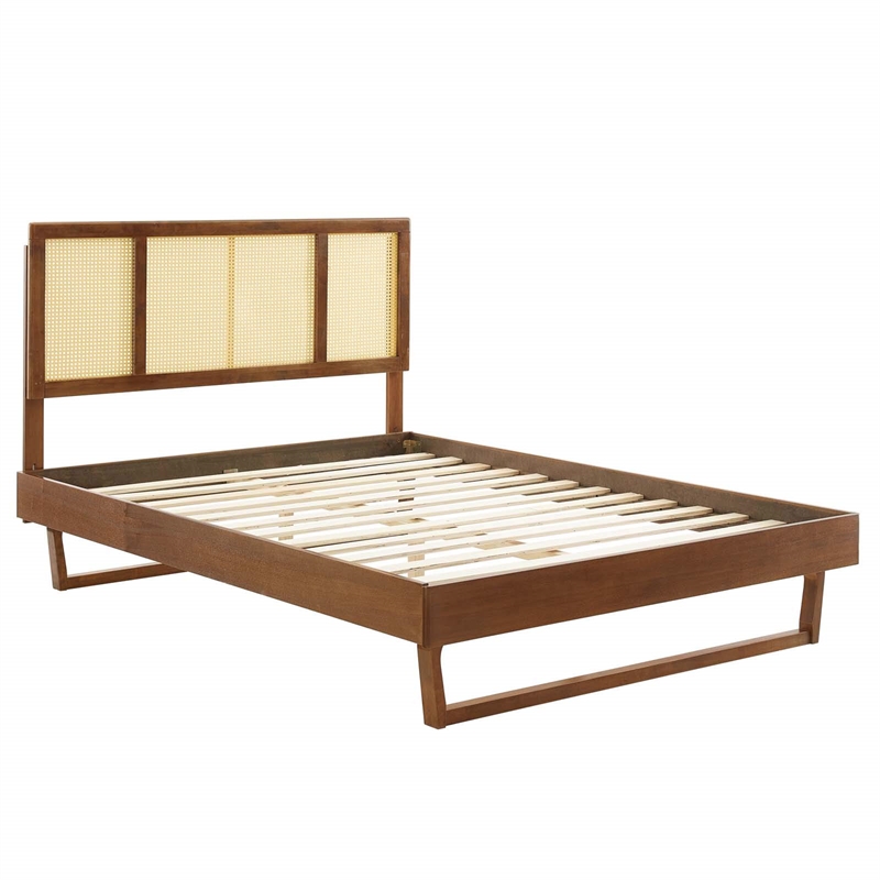 Modway Kelsea Cane Rattan and Wood Full Platform Bed with Angular Legs in Walnut