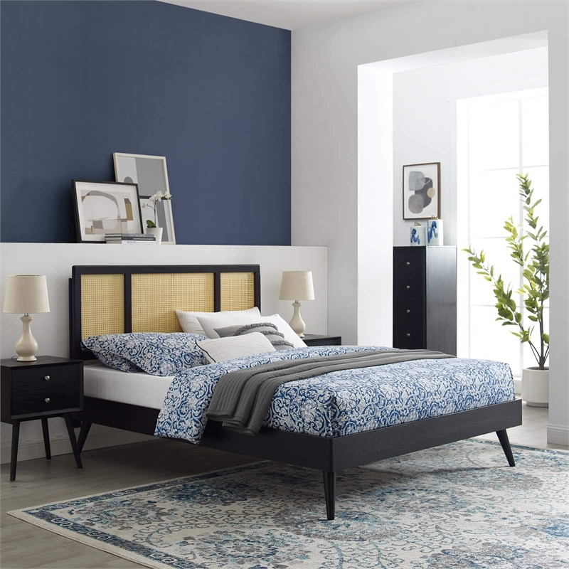 Modway Kelsea Cane Rattan and Wood Full Platform Bed with Splayed Legs in Black
