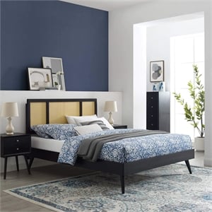 Modway Kelsea Cane Rattan and Wood Full Platform Bed with Splayed Legs in Black