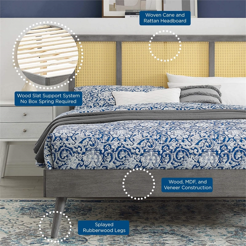 Modway Kelsea Cane Rattan and Wood Full Platform Bed with Splayed Legs in Gray