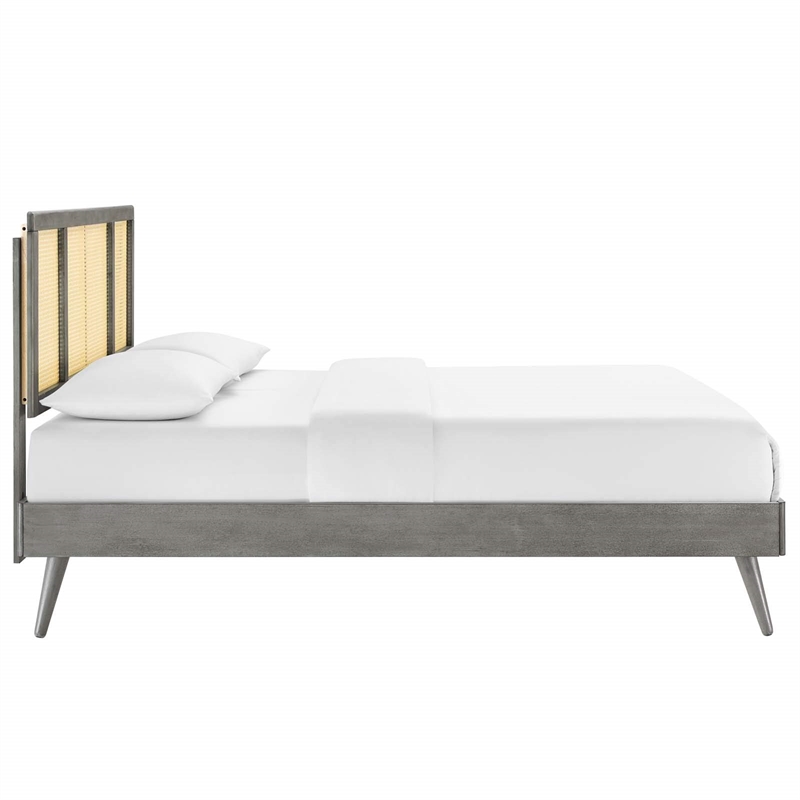 Modway Kelsea Cane Rattan and Wood Full Platform Bed with Splayed Legs in Gray