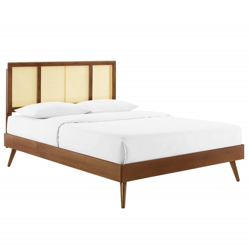 Modway Kelsea Cane Rattan and Wood Full Platform Bed with Splayed Legs in Walnut