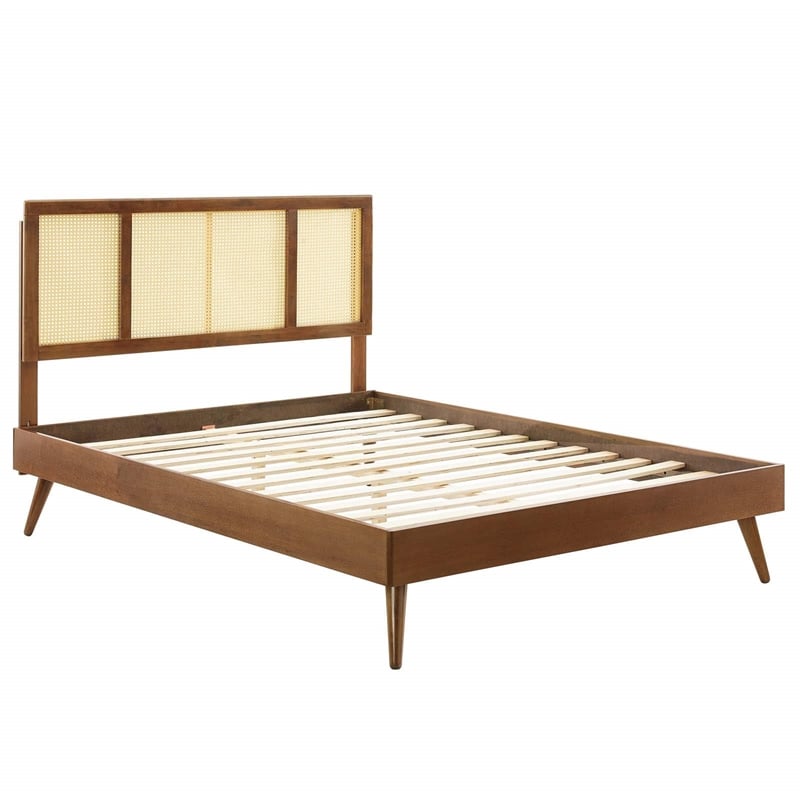 Modway Kelsea Cane Rattan and Wood Full Platform Bed with Splayed Legs in Walnut