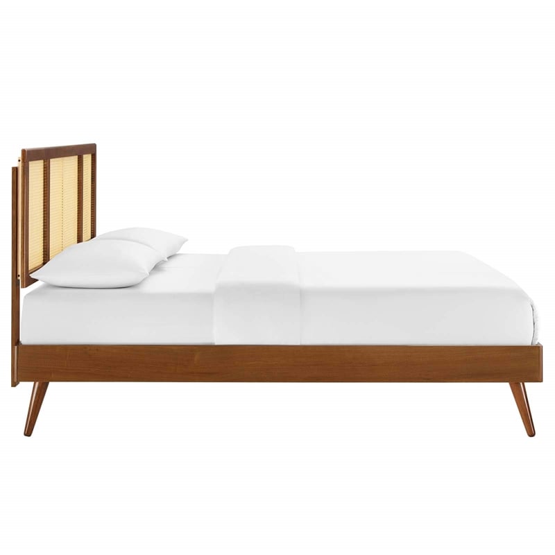 Modway Kelsea Cane Rattan and Wood Full Platform Bed with Splayed Legs in Walnut
