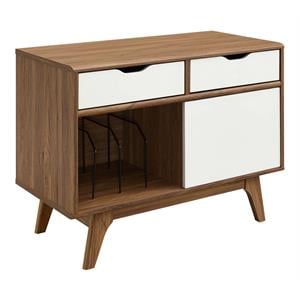 modway envision wood & vinyl record display stand with 2 drawers in walnut/white